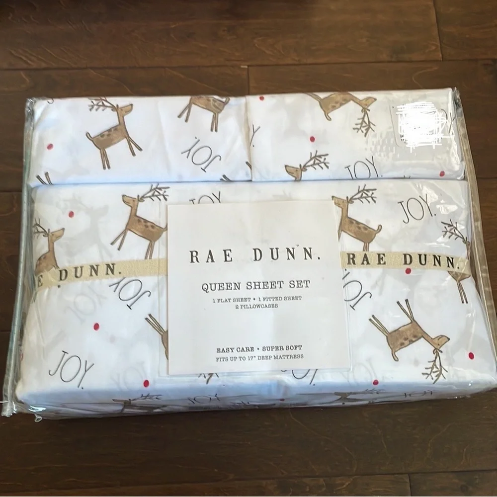 New Rae Dunn Christmas Reindeer Queen Size Sheet Set Joy